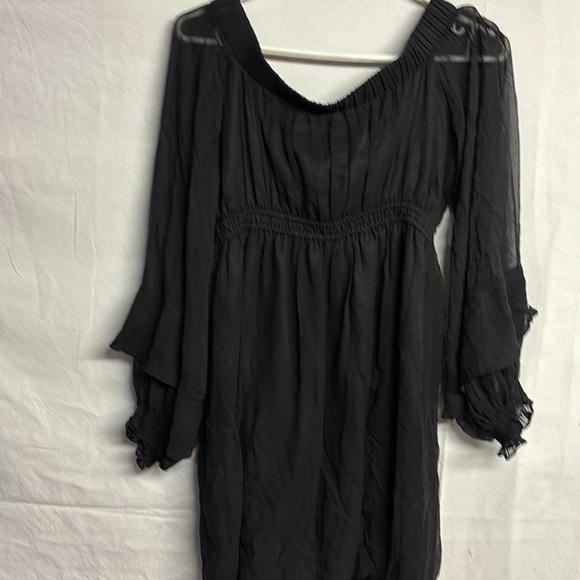 NWT GUESS BY MARCIANO Black Babydoll Mock Neck Sheer Ruffle Sleeve Silk Size M - Picture 9 of 10